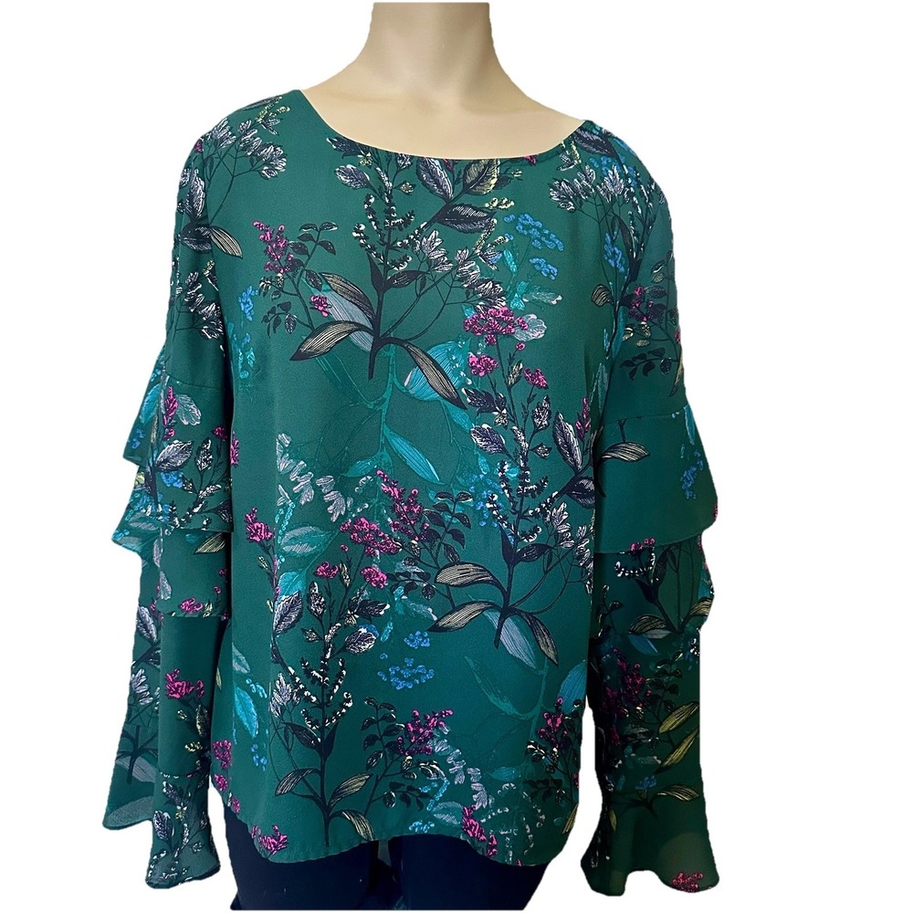 Banana Republic Blouse Women's Small Green Floral Ruffle Sleeve Flutter Boho EUC
